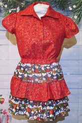 Christmas 2pc Blouse/Skirt set Gold/Red with Snowman print layers (1)